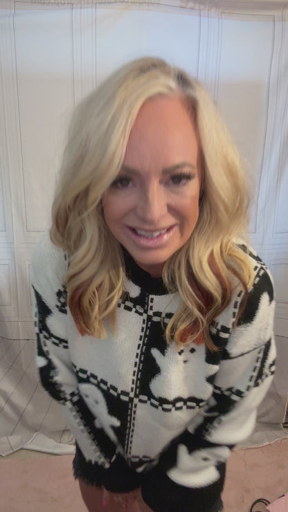 Halloween Ghost Checkered Drop Shoulder Sweater
