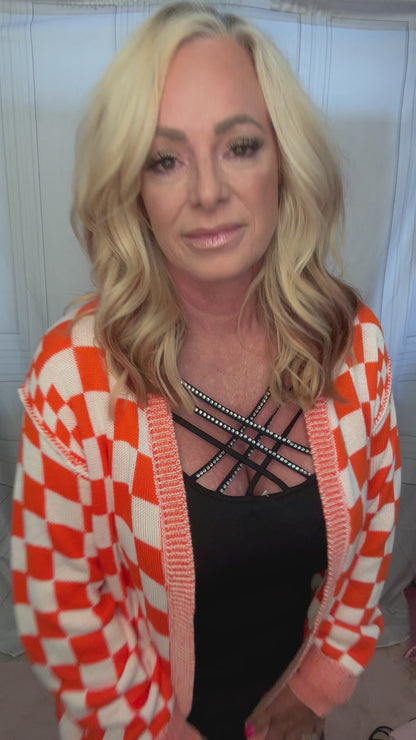 Orange checkered open front drop shoulder cardigan