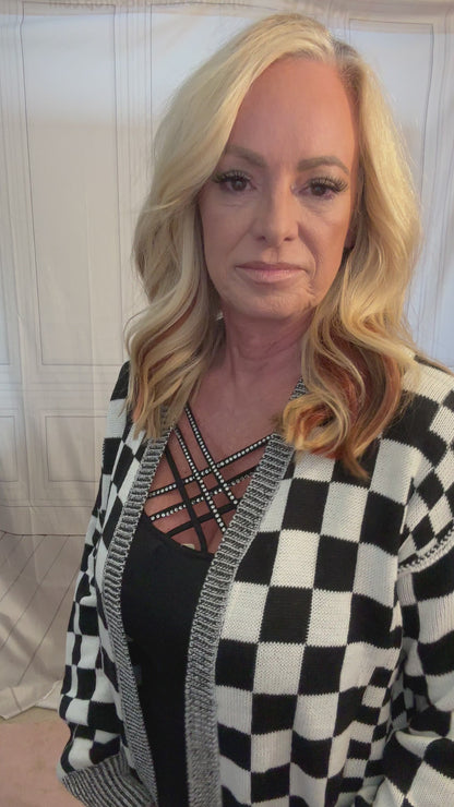 BLACK CHECKERED OPEN FRONT DROP SHOULDER CARDIGAN